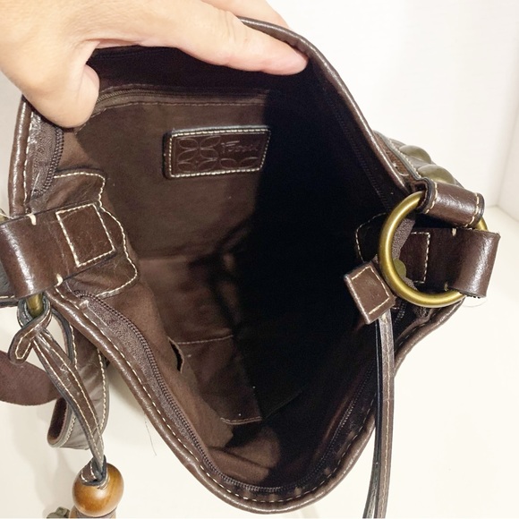 Fossil Ari Embellished Beige Brown Cotton Canvas Hobo Handbag Purse Brass Toned - Picture 11 of 14